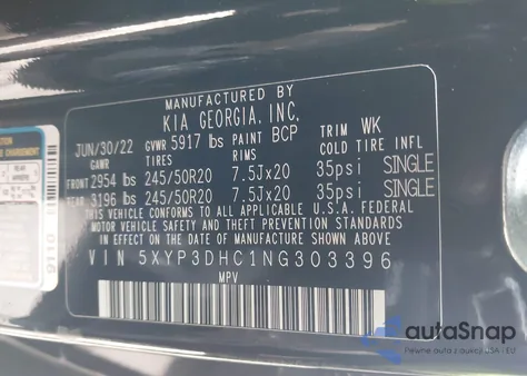 2022 Kia Telluride Ex z USA, uszkodzony, nr VIN 5XYP3DHC1NG303396